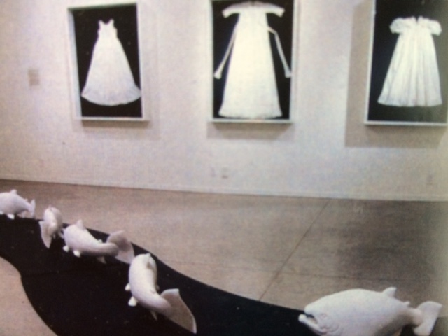 ROW Installation view Archival Baptismal Dresses and Patrick Field's Spawn